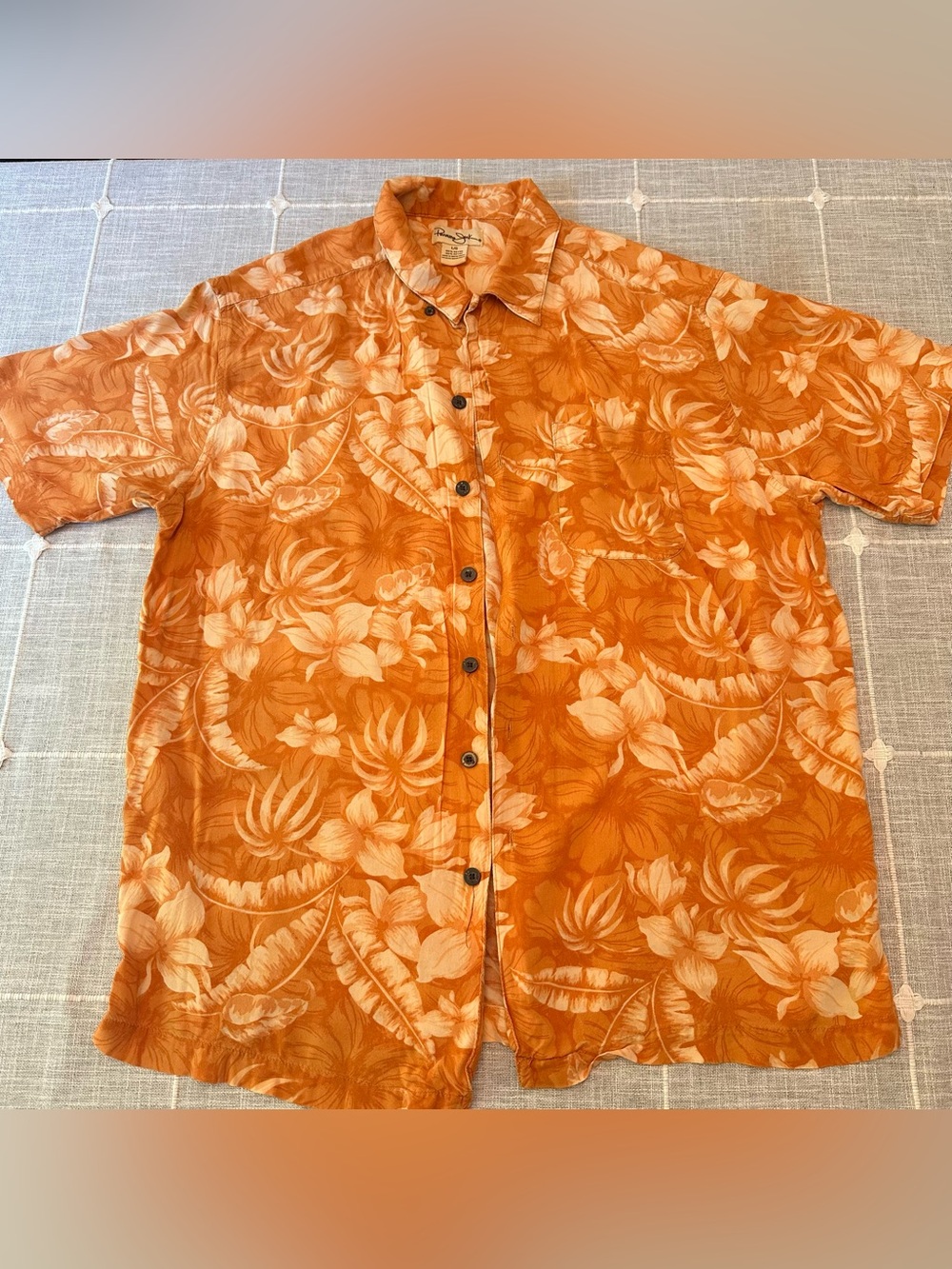 Panama Jack Orange Floral Hawaiian Rayon Camp Shirt Men's Large